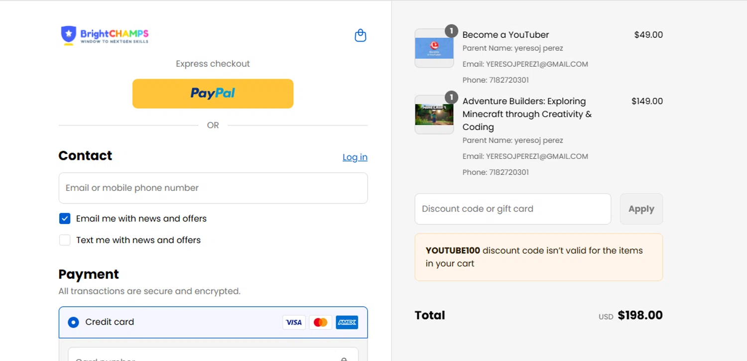 BrightChamps promo code screenshot showing code YOUTUBE100 applied at BrightChamps checkout page. Uploaded by SimplyCodes community member yeresojperez on Sep 2, 2025