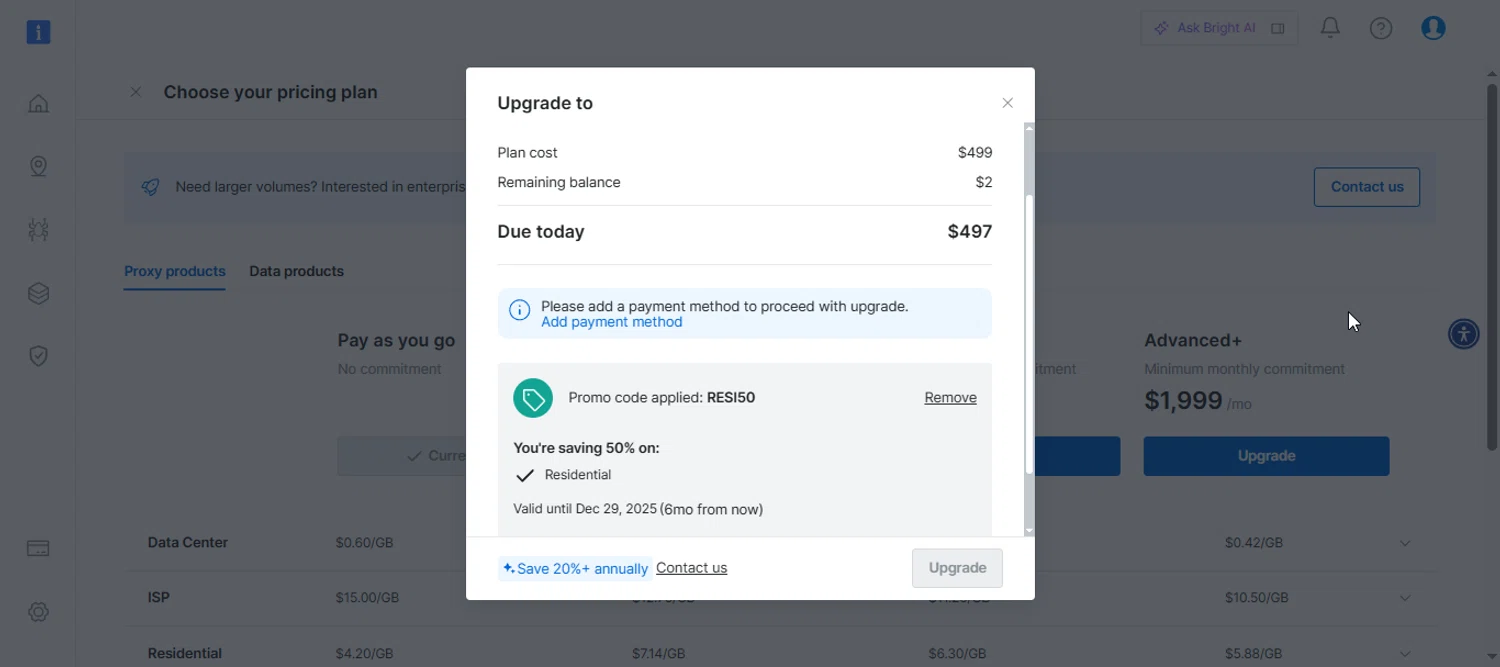 Bright Data coupon code screenshot showing code RESI50 applied at Bright Data checkout page. Uploaded by SimplyCodes community member Enmanuel99 on Jul 2, 2025