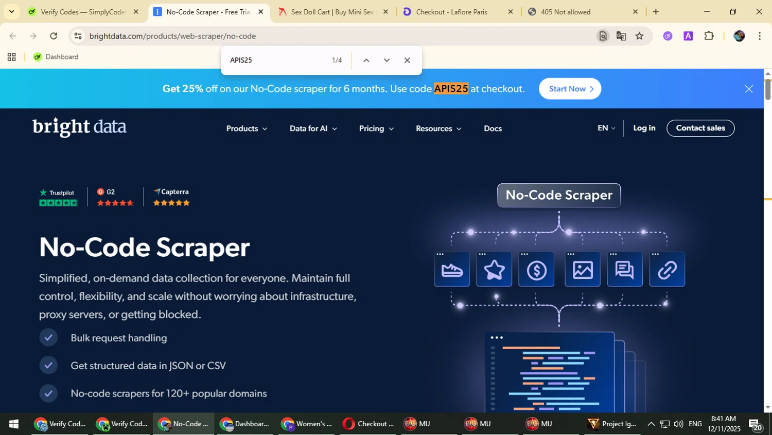 Bright Data coupon code screenshot showing code APIS25 applied at Bright Data checkout page. Uploaded by SimplyCodes community member Typhlosion on Dec 11, 2025