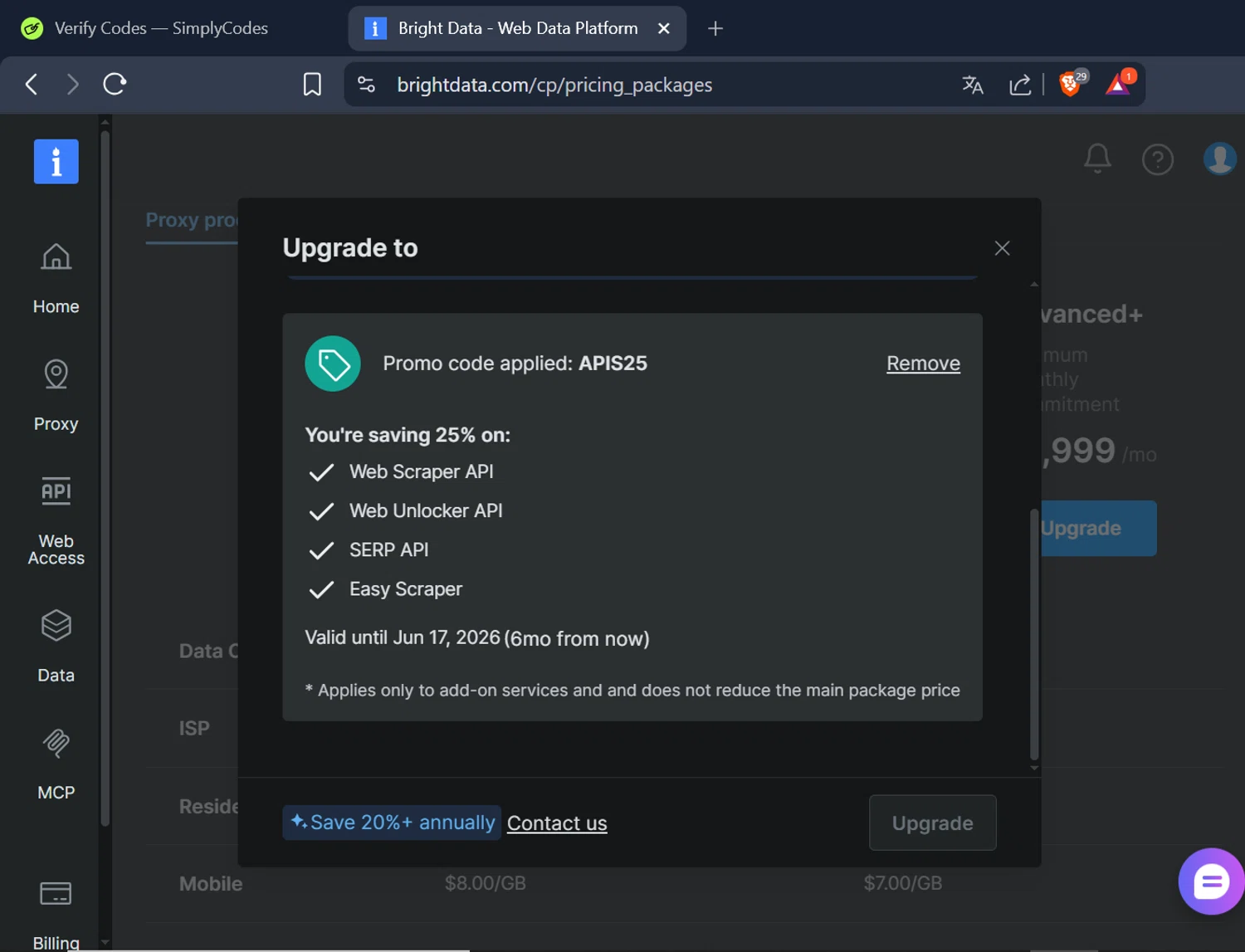 Bright Data coupon code screenshot showing code APIS25 applied at Bright Data checkout page. Uploaded by SimplyCodes community member VoucherDefender1570 on Dec 19, 2025
