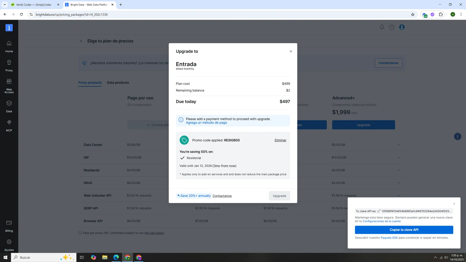 Bright Data coupon code screenshot showing code RESIGB50 applied at Bright Data checkout page. Uploaded by SimplyCodes community member AnthonyGTX on Oct 14, 2025