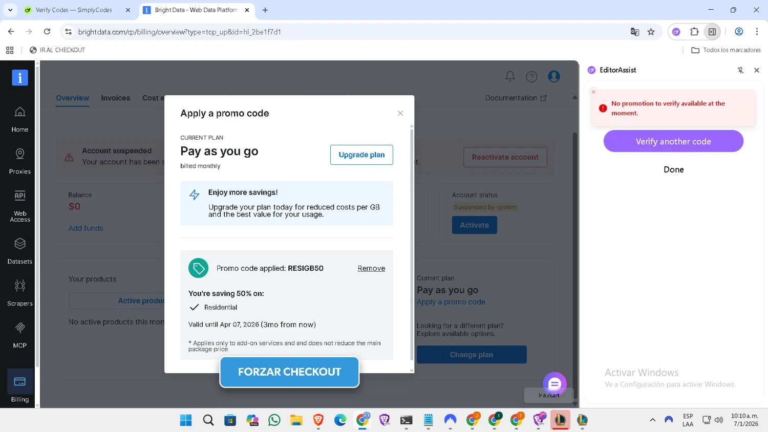 Bright Data checkout page showing Bright Data coupon code box | Screenshot taken by SimplyCodes community member on Jan 7, 2026