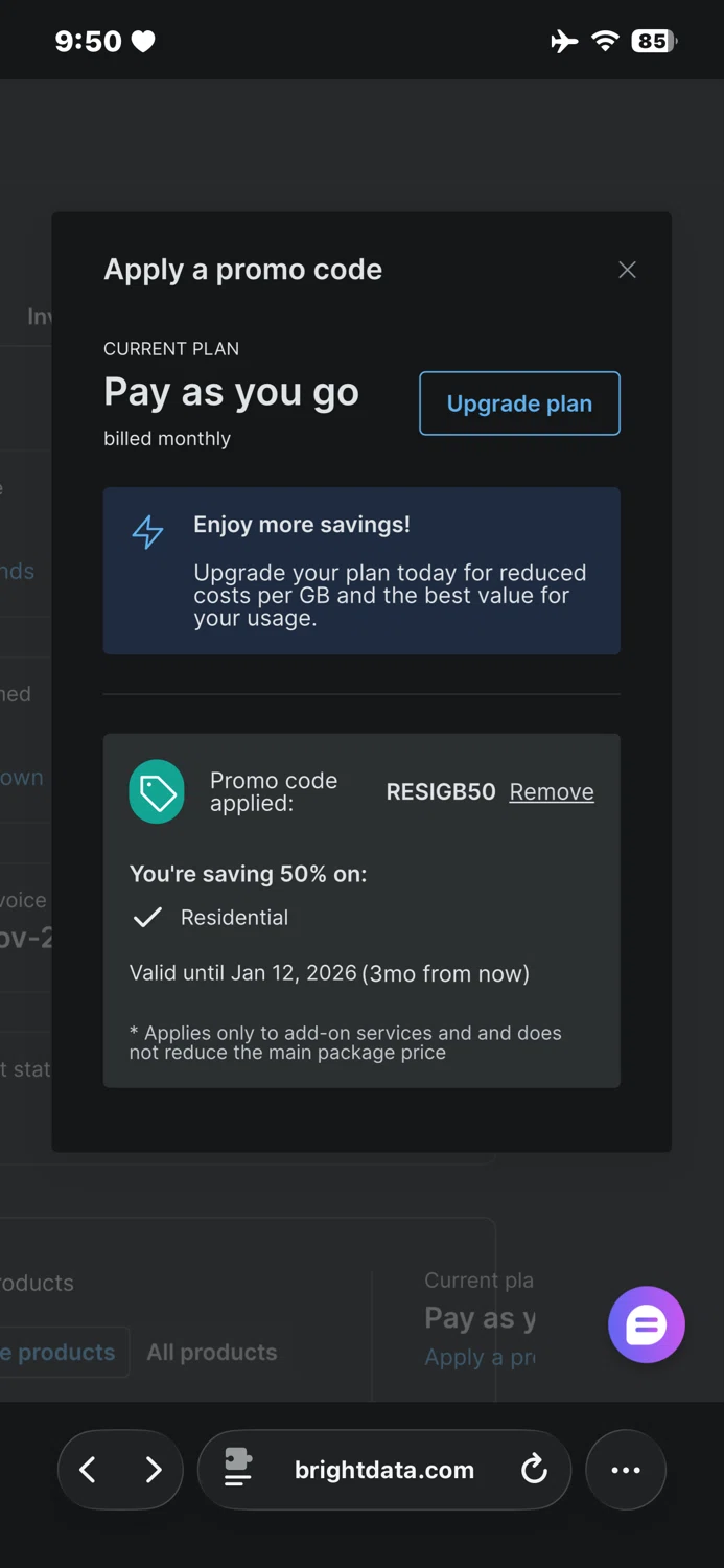 Bright Data coupon code screenshot showing code RESIGB50 applied at Bright Data checkout page. Uploaded by SimplyCodes community member TraxoGamer on Oct 14, 2025