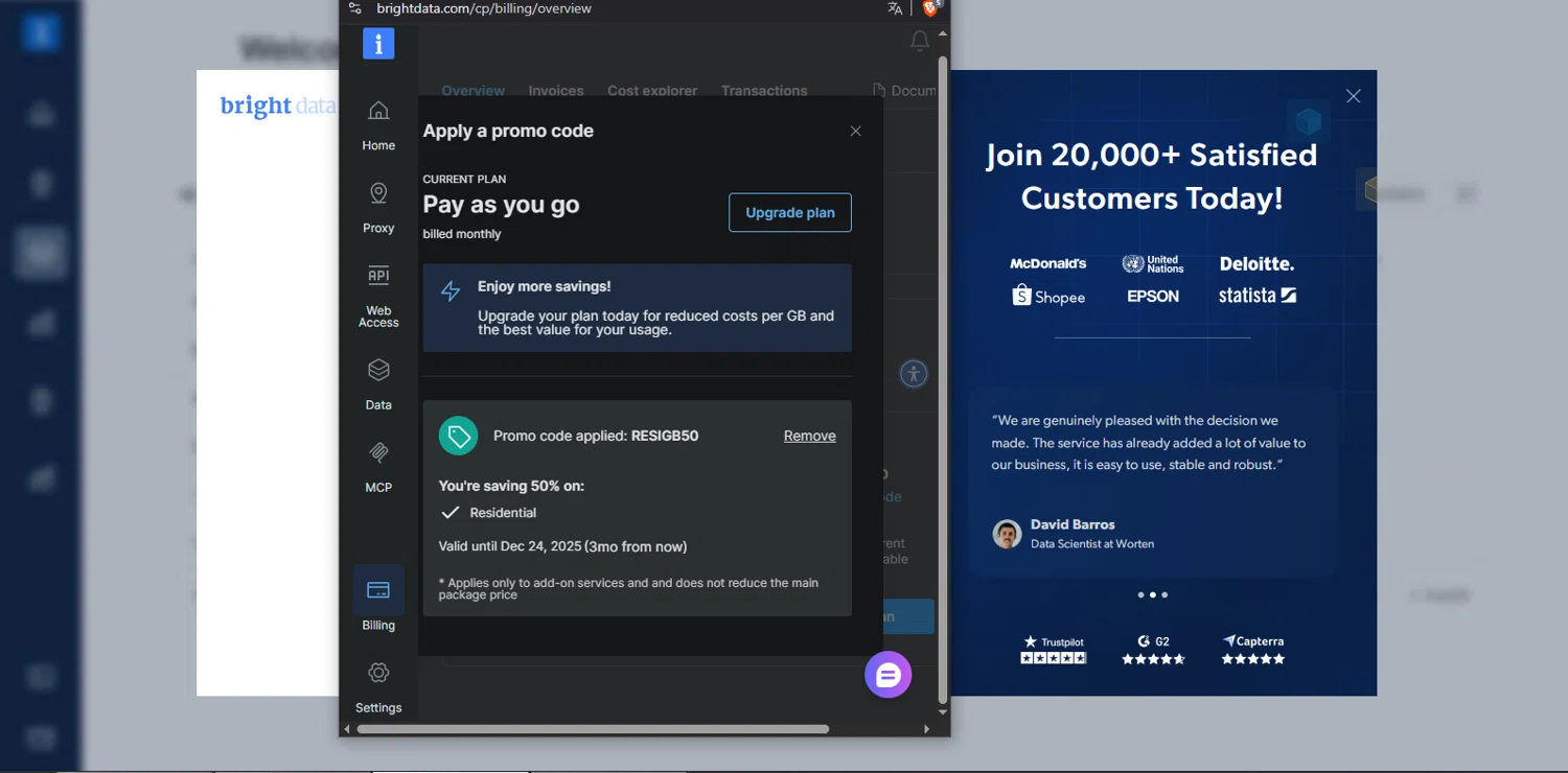 Bright Data coupon code screenshot showing code RESIGB50 applied at Bright Data checkout page. Uploaded by SimplyCodes community member TreasureMaestro5413 on Sep 25, 2025