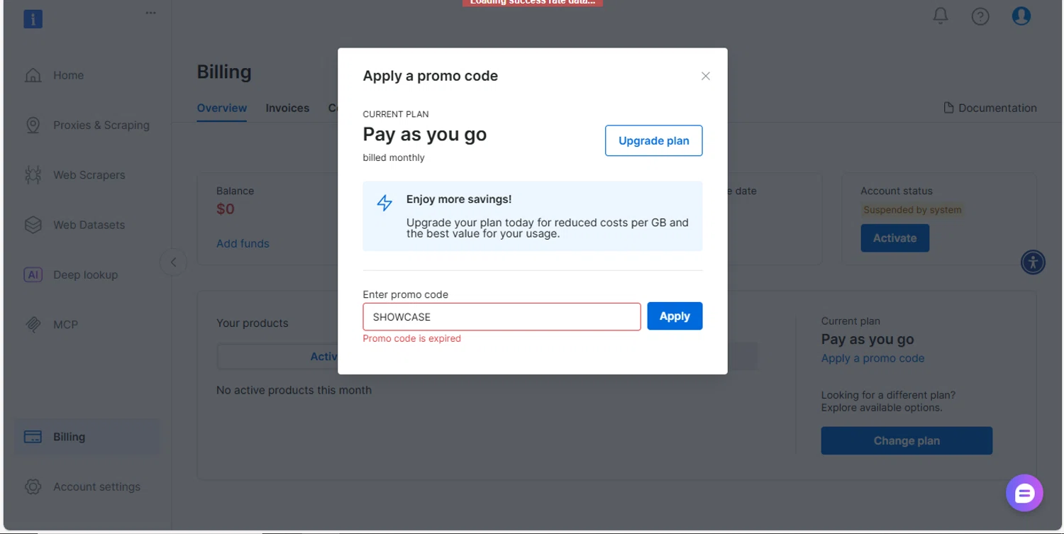 Bright Data coupon code screenshot showing code SHOWCASE applied at Bright Data checkout page. Uploaded by SimplyCodes community member MagnificentVirtuoso8433 on Oct 14, 2025