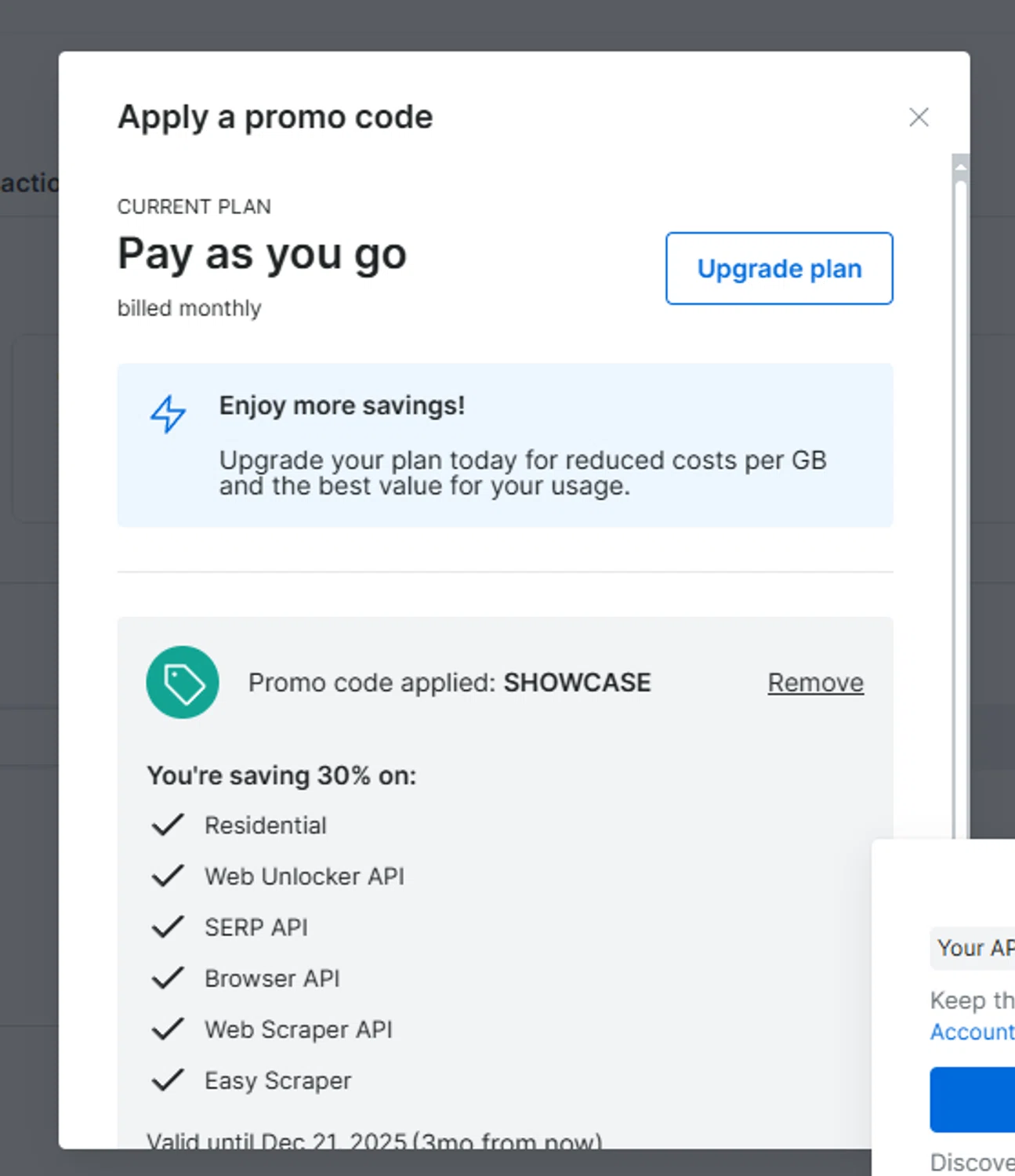 Bright Data coupon code screenshot showing code SHOWCASE applied at Bright Data checkout page. Uploaded by SimplyCodes community member Olorinnnnn on Sep 22, 2025
