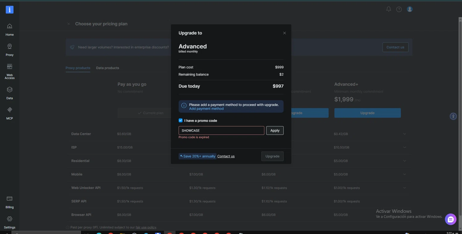 Bright Data coupon code screenshot showing code SHOWCASE applied at Bright Data checkout page. Uploaded by SimplyCodes community member tinkle_tinkle on Oct 14, 2025
