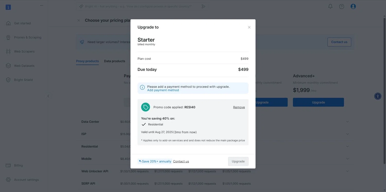Bright Data coupon code screenshot showing code RESI40 applied at Bright Data checkout page. Uploaded by SimplyCodes community member Depressive on May 29, 2025
