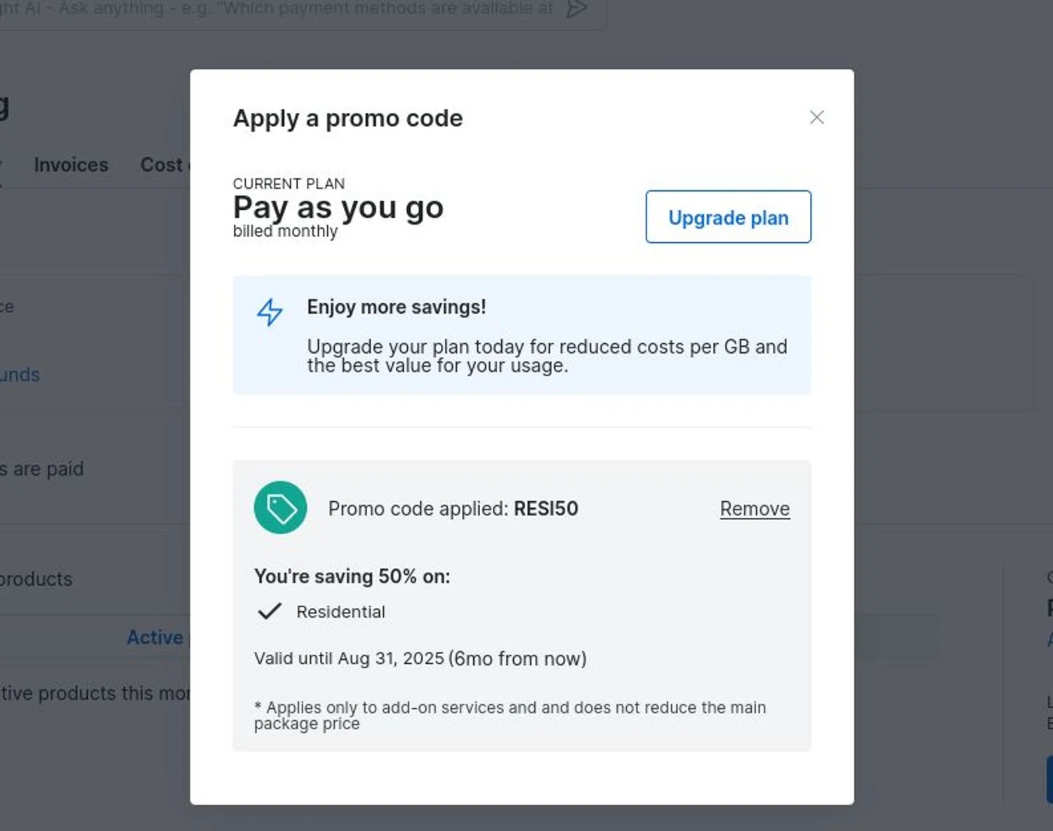 Bright Data coupon code screenshot showing code RESI50 applied at Bright Data checkout page. Uploaded by SimplyCodes community member hazken on Mar 4, 2025