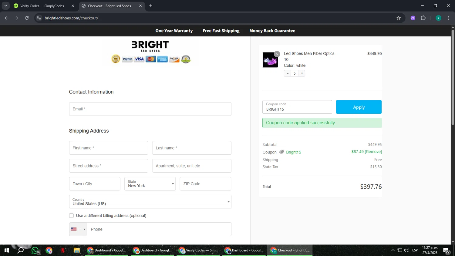 Bright LED Shoes coupon code screenshot showing code BRIGHT15 applied at Bright LED Shoes checkout page. Uploaded by SimplyCodes community member FrugalCaptain6906 on Apr 28, 2025