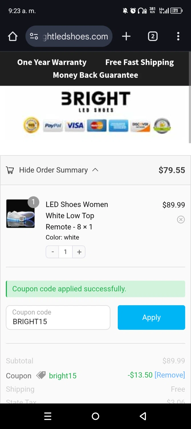 Bright LED Shoes coupon code screenshot showing code BRIGHT15 applied at Bright LED Shoes checkout page. Uploaded by SimplyCodes community member leiraM on Jun 16, 2025