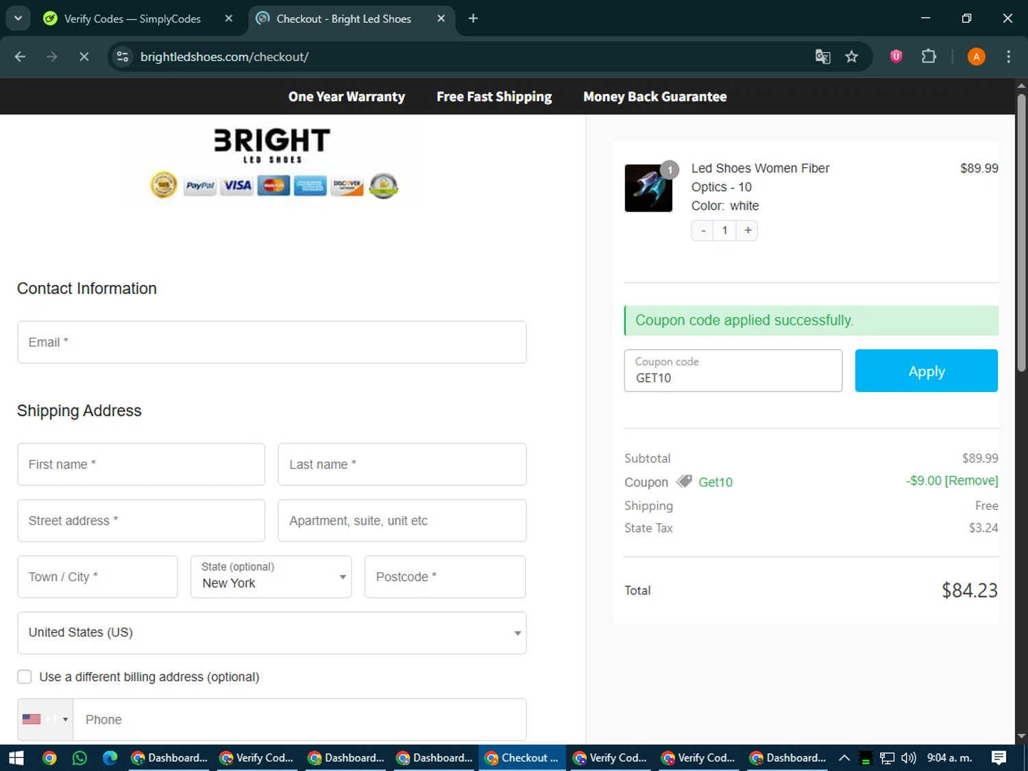 Bright LED Shoes coupon code screenshot showing code GET10 applied at Bright LED Shoes checkout page. Uploaded by SimplyCodes community member MoneyPhoenix4664 on Jun 9, 2025