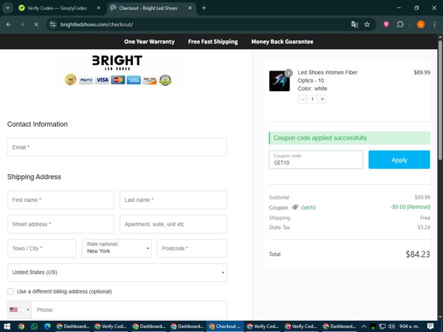 Bright LED Shoes checkout page showing Bright LED Shoes coupon code box | Screenshot taken by SimplyCodes community member on Jun 9, 2025