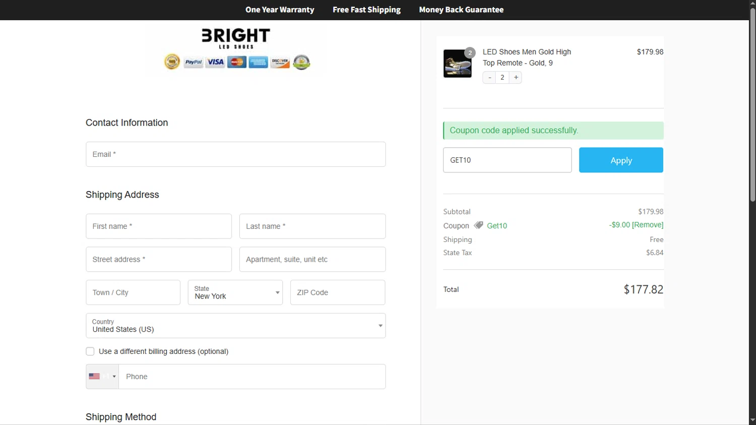 Bright LED Shoes coupon code screenshot showing code GET10 applied at Bright LED Shoes checkout page. Uploaded by SimplyCodes community member TokioMiller on Jun 16, 2025