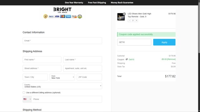 Bright LED Shoes checkout page showing Bright LED Shoes coupon code box | Screenshot taken by SimplyCodes community member on Jun 16, 2025