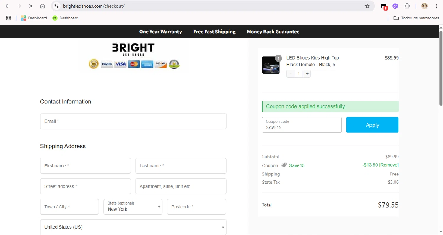 Bright LED Shoes coupon code screenshot showing code SAVE15 applied at Bright LED Shoes checkout page. Uploaded by SimplyCodes community member Fabio05 on Jun 16, 2025