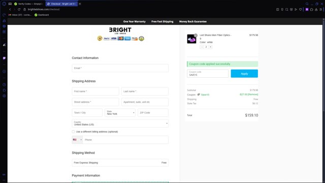 Bright LED Shoes checkout page showing Bright LED Shoes coupon code box | Screenshot taken by SimplyCodes community member on Jun 9, 2025