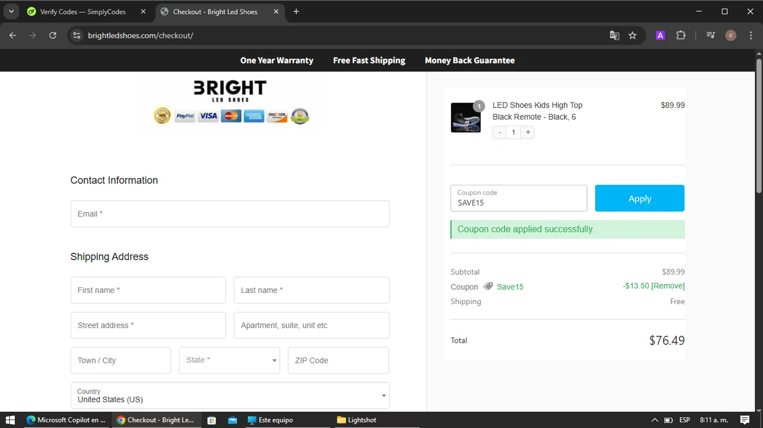 Bright LED Shoes coupon code screenshot showing code SAVE15 applied at Bright LED Shoes checkout page. Uploaded by SimplyCodes community member VoucherRanger901 on May 19, 2025
