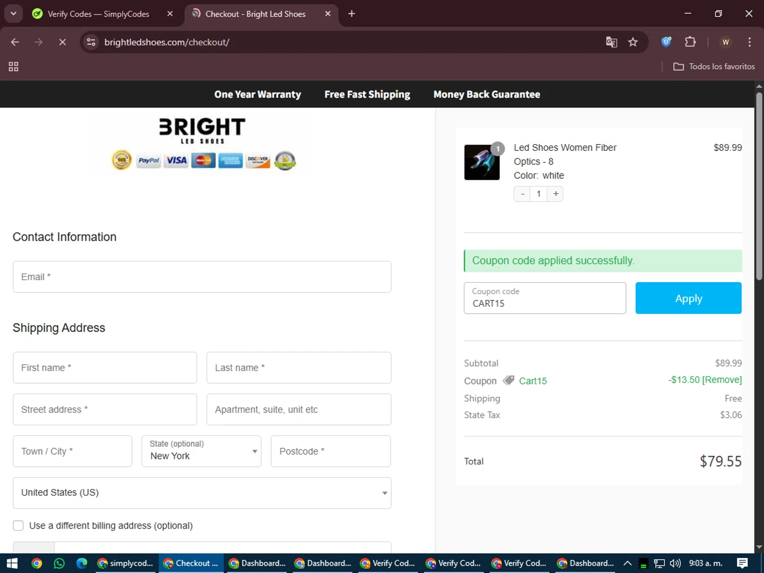 Bright LED Shoes coupon code screenshot showing code CART15 applied at Bright LED Shoes checkout page. Uploaded by SimplyCodes community member DealMaestro2101 on Jun 9, 2025