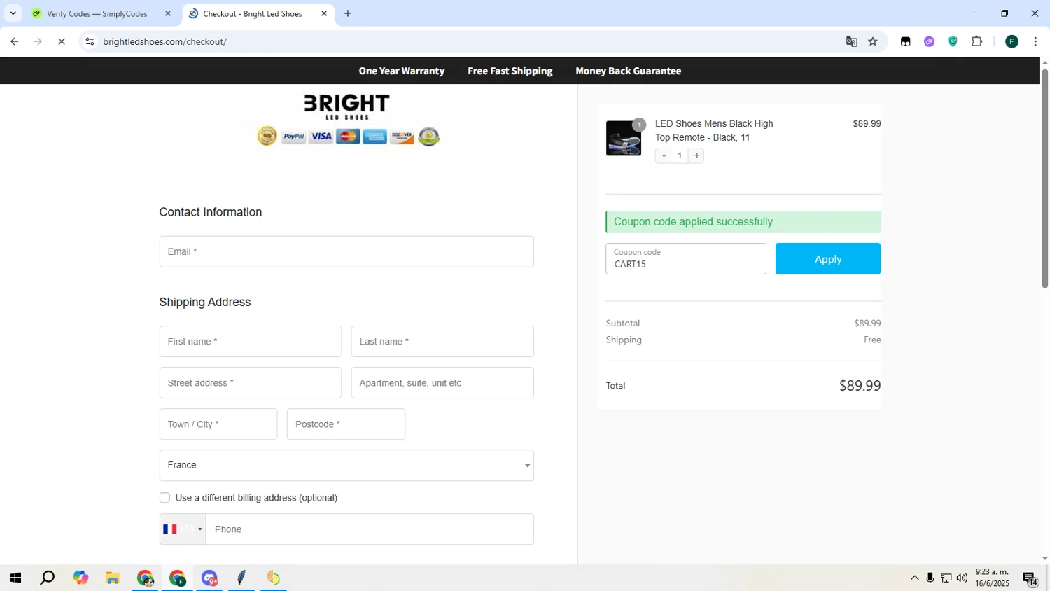 Bright LED Shoes coupon code screenshot showing code CART15 applied at Bright LED Shoes checkout page. Uploaded by SimplyCodes community member Juanse on Jun 16, 2025