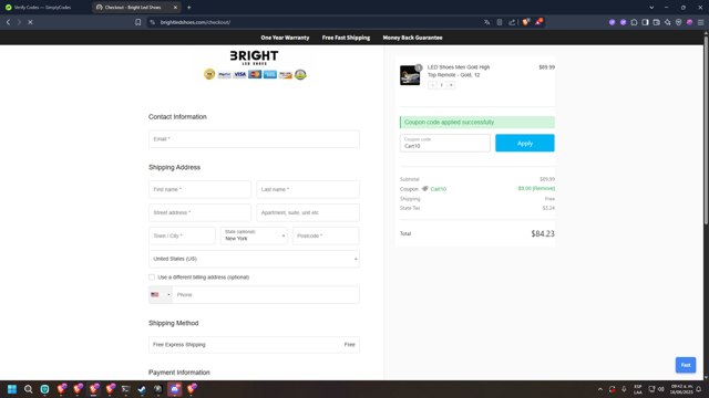 Bright LED Shoes checkout page showing Bright LED Shoes coupon code box | Screenshot taken by SimplyCodes community member on Jun 16, 2025