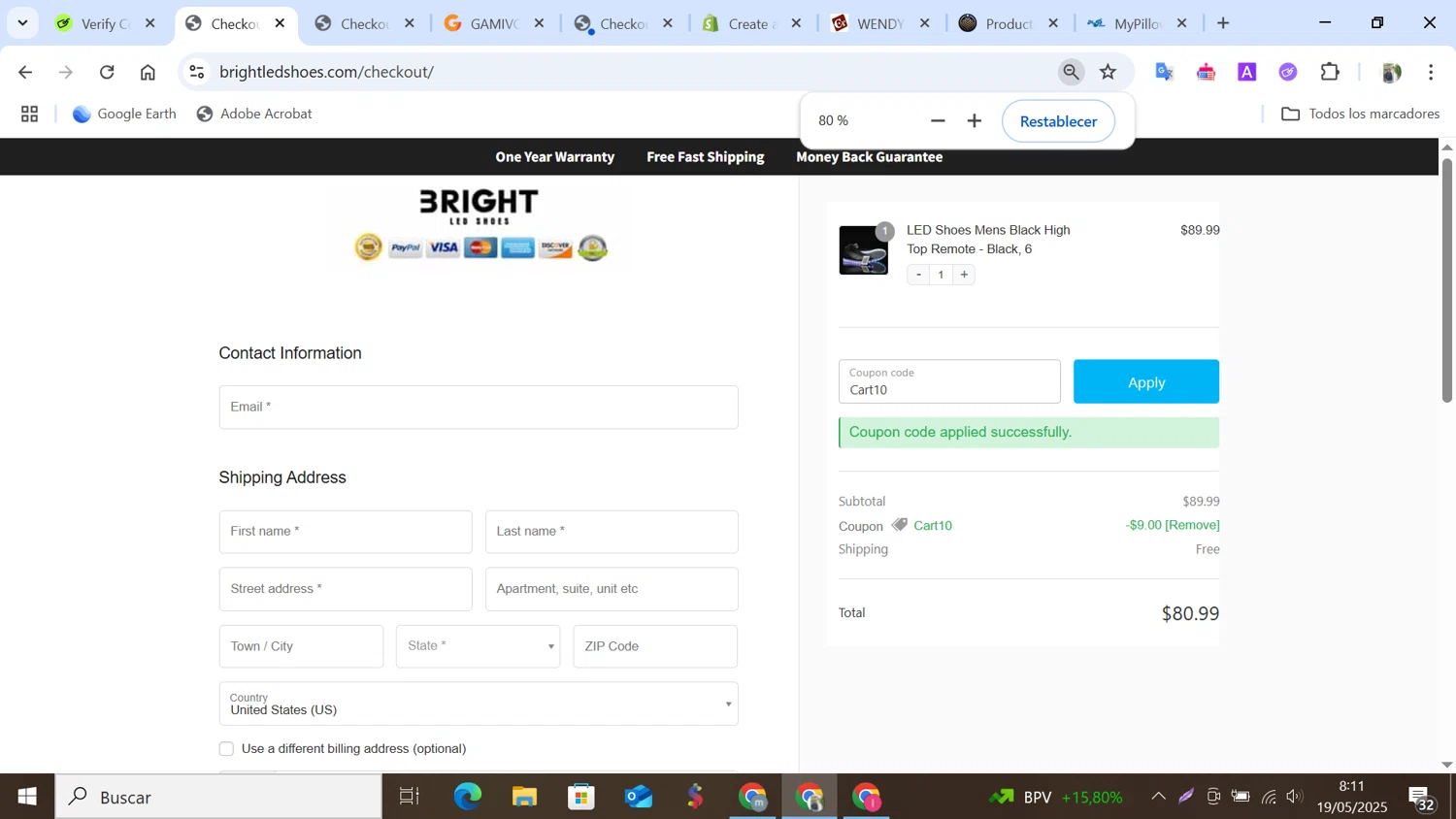 Bright LED Shoes coupon code screenshot showing code Cart10 applied at Bright LED Shoes checkout page. Uploaded by SimplyCodes community member NobleMonarch5837 on May 19, 2025