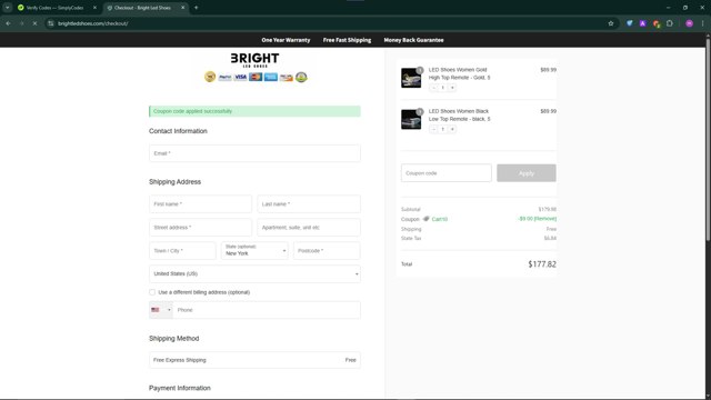 Bright LED Shoes checkout page showing Bright LED Shoes coupon code box | Screenshot taken by SimplyCodes community member on Jun 9, 2025