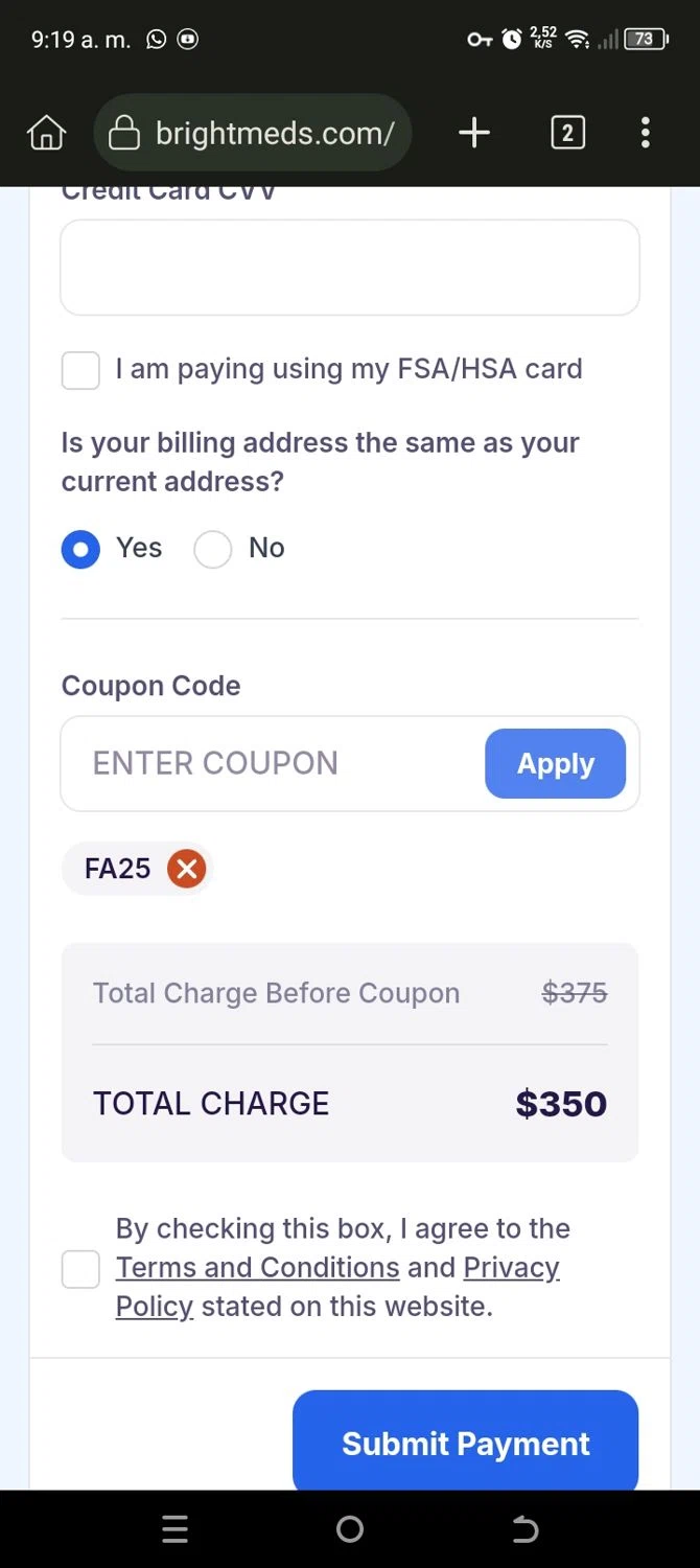 Brightmeds checkout page showing Brightmeds coupon code box | Screenshot taken by SimplyCodes community member on Nov 9, 2024
