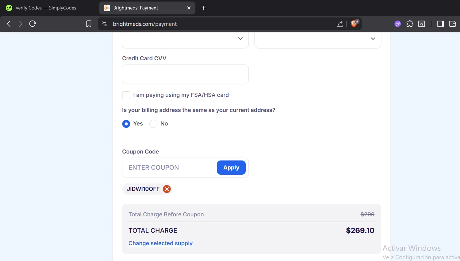 Brightmeds coupon code screenshot showing code JIDWI10OFF applied at Brightmeds checkout page. Uploaded by SimplyCodes community member GloriousTitan3094 on Nov 6, 2025
