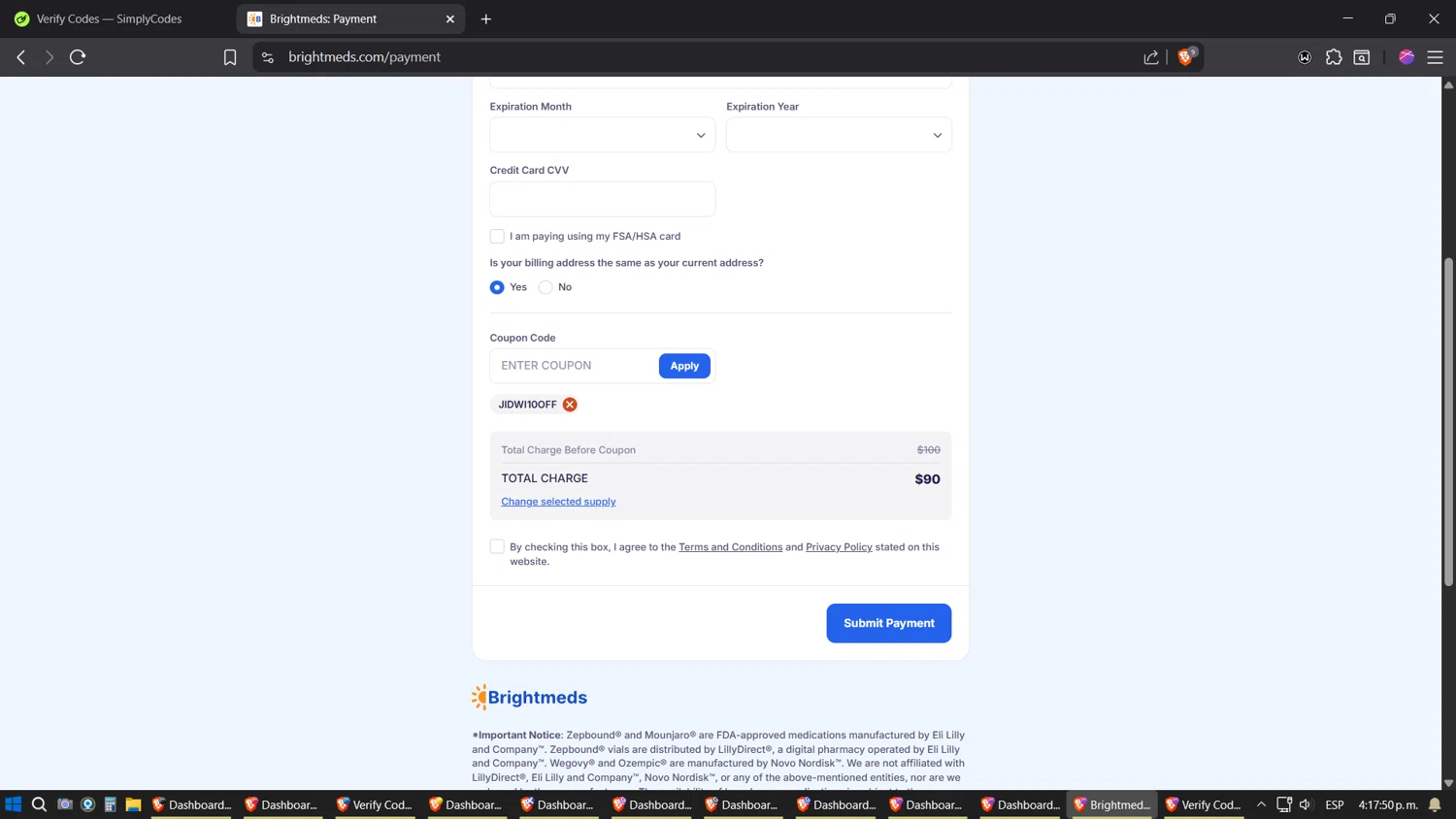 Brightmeds checkout page showing Brightmeds coupon code box | Screenshot taken by SimplyCodes community member on Oct 8, 2025