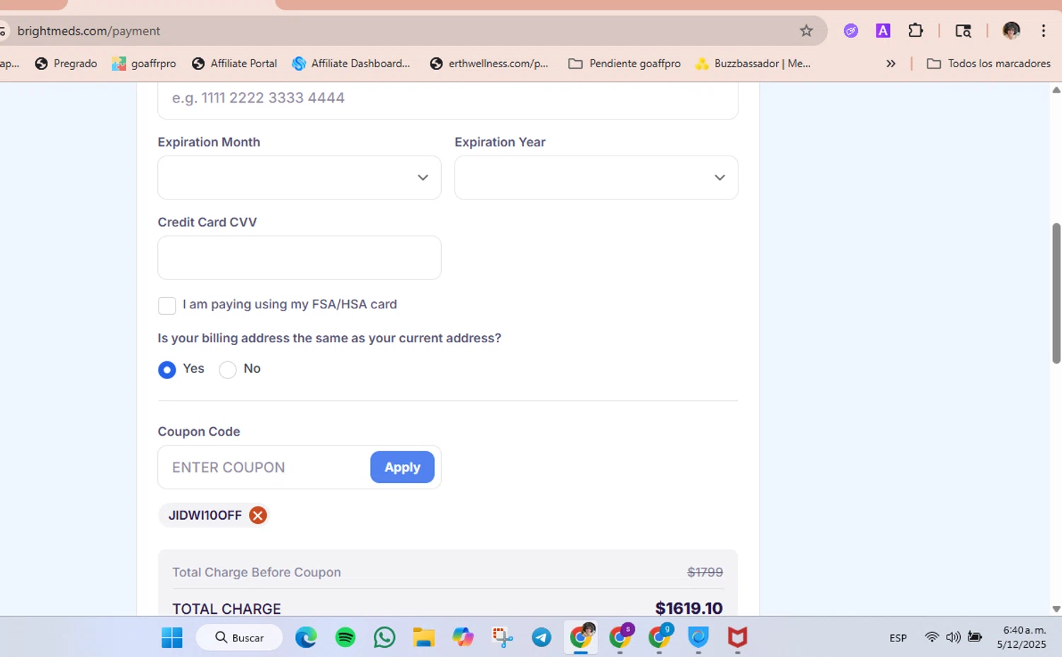Brightmeds coupon code screenshot showing code JIDWI10OFF applied at Brightmeds checkout page. Uploaded by SimplyCodes community member luisaballera on Dec 5, 2025