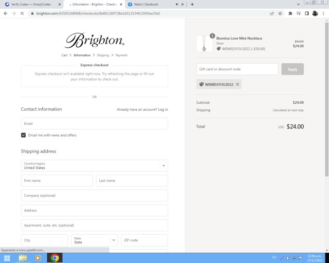 Brighton checkout page showing Brighton discount code box | Screenshot taken by SimplyCodes community member on Dec 17, 2022