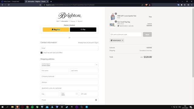 Brighton checkout page showing Brighton discount code box | Screenshot taken by SimplyCodes community member on Dec 24, 2022