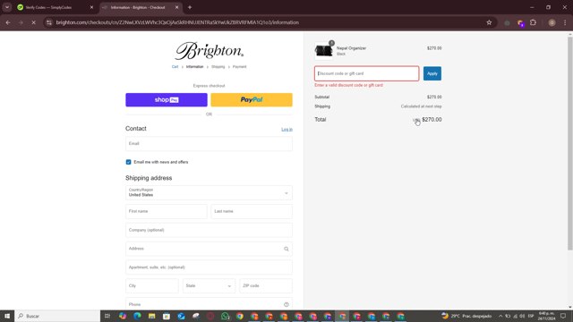 Brighton checkout page showing Brighton discount code box | Screenshot taken by SimplyCodes community member on Nov 24, 2024