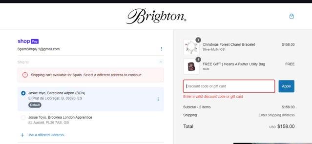 Brighton checkout page showing Brighton discount code box | Screenshot taken by SimplyCodes community member on Nov 24, 2024