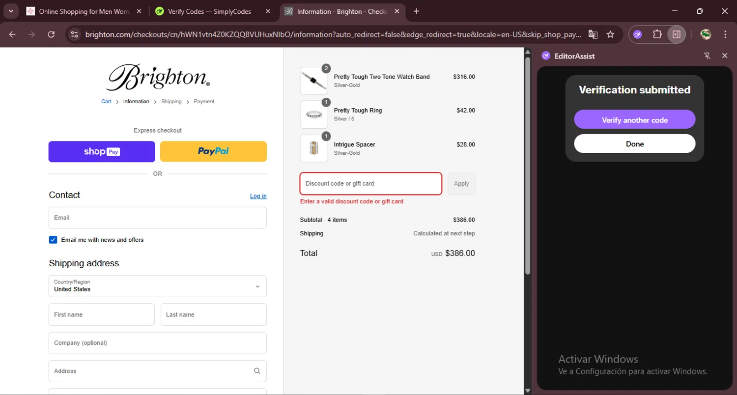 Brighton discount code screenshot showing code RMLOVE-2cf4eeb8 applied at Brighton checkout page. Uploaded by SimplyCodes community member RewardDefender7173 on Aug 18, 2025