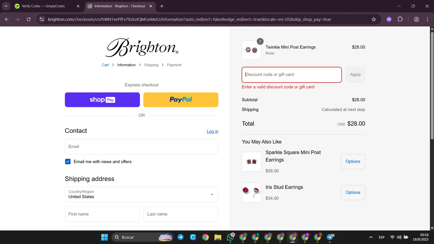 Brighton discount code screenshot showing code RMLOVE-2cf4eeb8 applied at Brighton checkout page. Uploaded by SimplyCodes community member SilverWhiz4145 on Aug 18, 2025