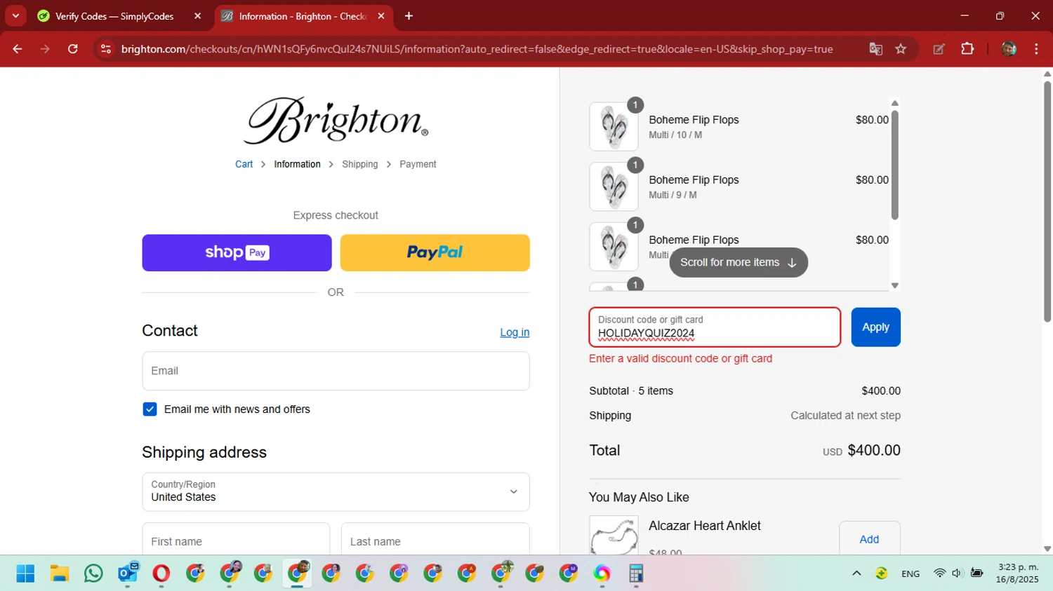 Brighton discount code screenshot showing code HOLIDAYQUIZ2024 applied at Brighton checkout page. Uploaded by SimplyCodes community member David_Gut_Sonic on Aug 16, 2025