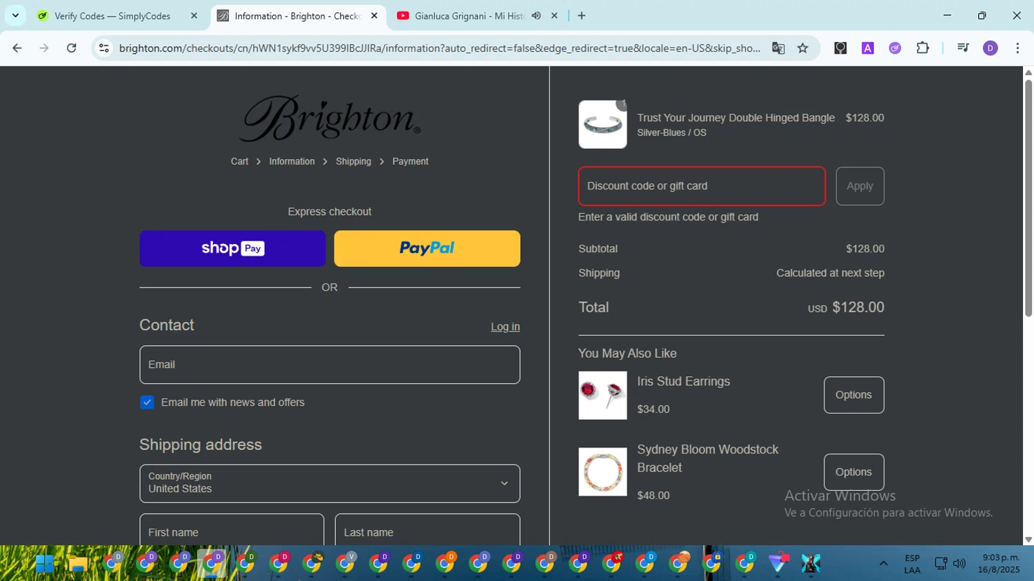 Brighton discount code screenshot showing code HOLIDAYQUIZ2024 applied at Brighton checkout page. Uploaded by SimplyCodes community member SavingsGuardian5156 on Aug 17, 2025