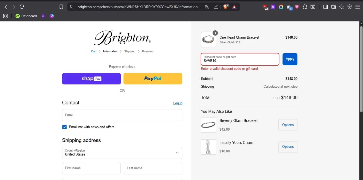 Brighton discount code screenshot showing code SAVE10 applied at Brighton checkout page. Uploaded by SimplyCodes community member EJL_MIQUILENA on Aug 24, 2025