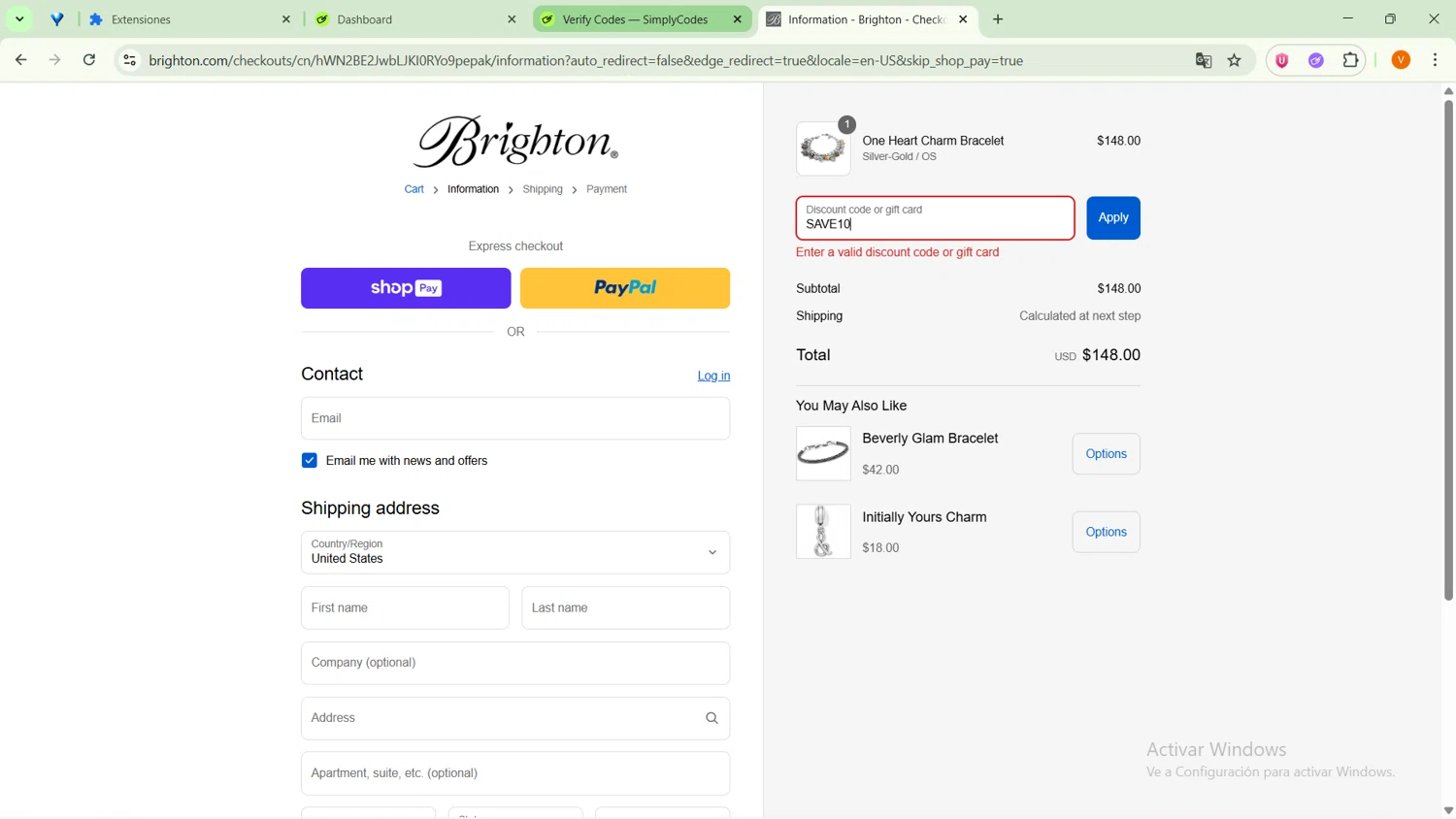 Brighton discount code screenshot showing code SAVE10 applied at Brighton checkout page. Uploaded by SimplyCodes community member GoldFox1696 on Aug 24, 2025