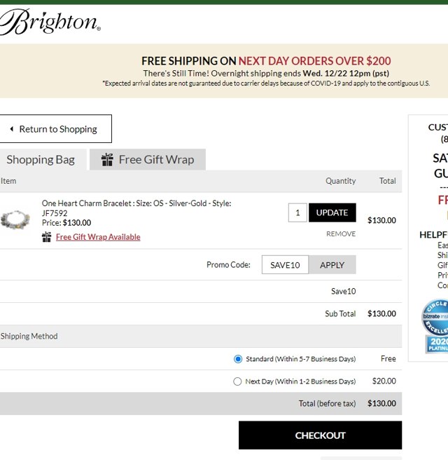 Brighton checkout page showing Brighton discount code box | Screenshot taken by SimplyCodes community member on Dec 21, 2021
