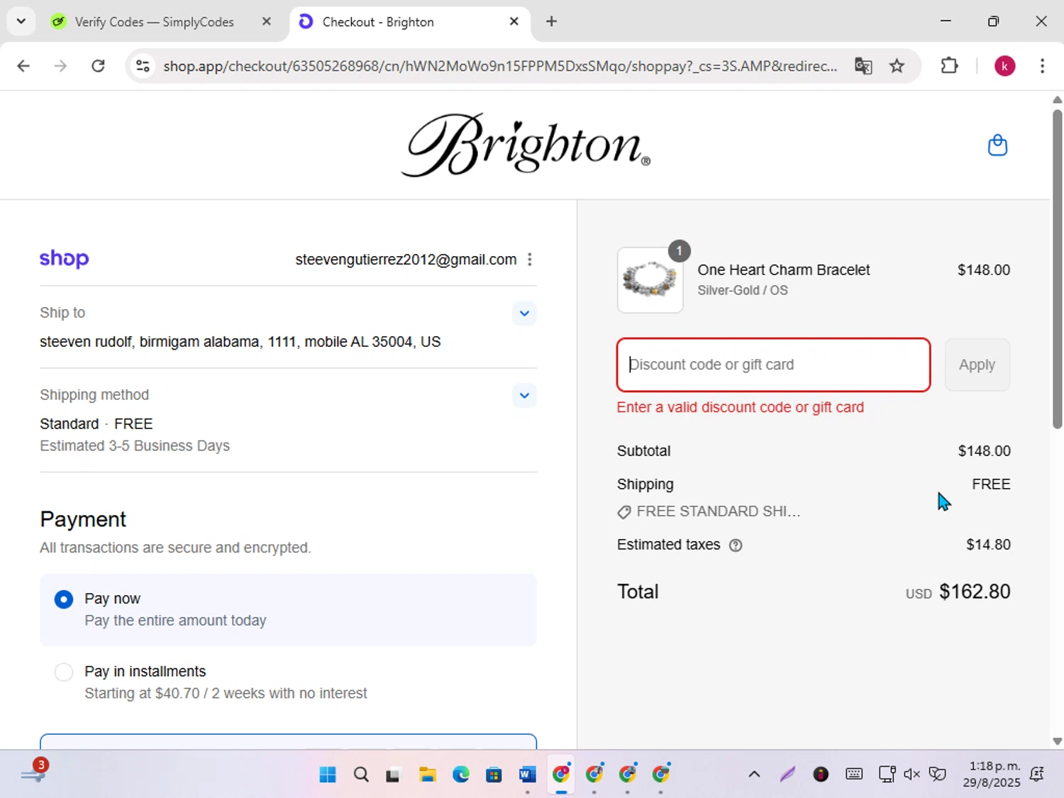 Brighton discount code screenshot showing code SAVE10 applied at Brighton checkout page. Uploaded by SimplyCodes community member karoline on Aug 29, 2025