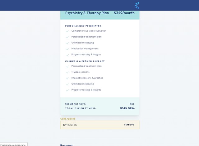 Brightside Health checkout page showing Brightside Health promo code box | Screenshot taken by SimplyCodes community member on Nov 17, 2024