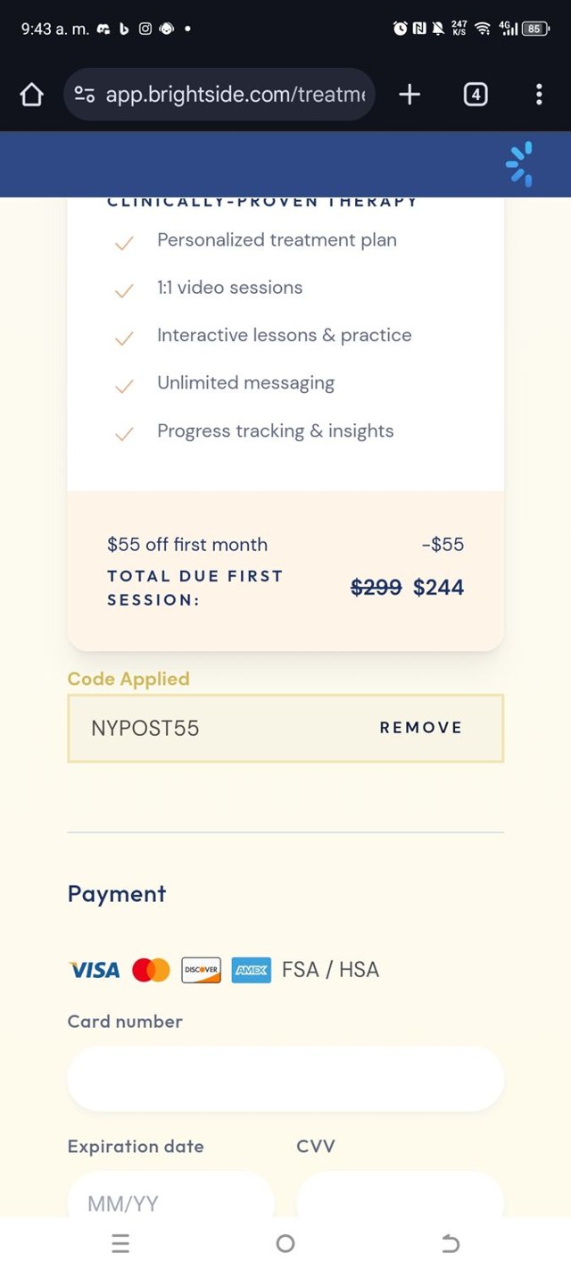 Brightside Health checkout page showing Brightside Health promo code box | Screenshot taken by SimplyCodes community member on Dec 16, 2024
