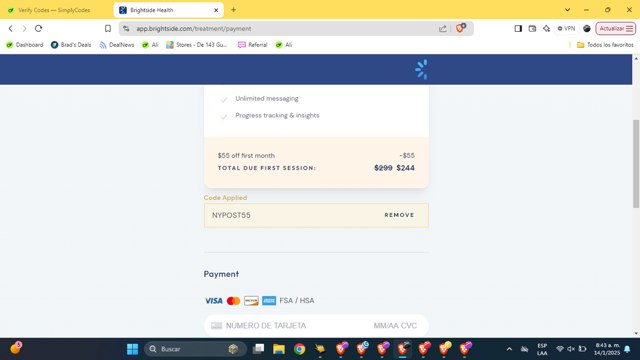 Brightside Health checkout page showing Brightside Health promo code box | Screenshot taken by SimplyCodes community member on Jan 14, 2025