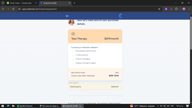 Brightside Health checkout page showing Brightside Health promo code box | Screenshot taken by SimplyCodes community member on Mar 11, 2025