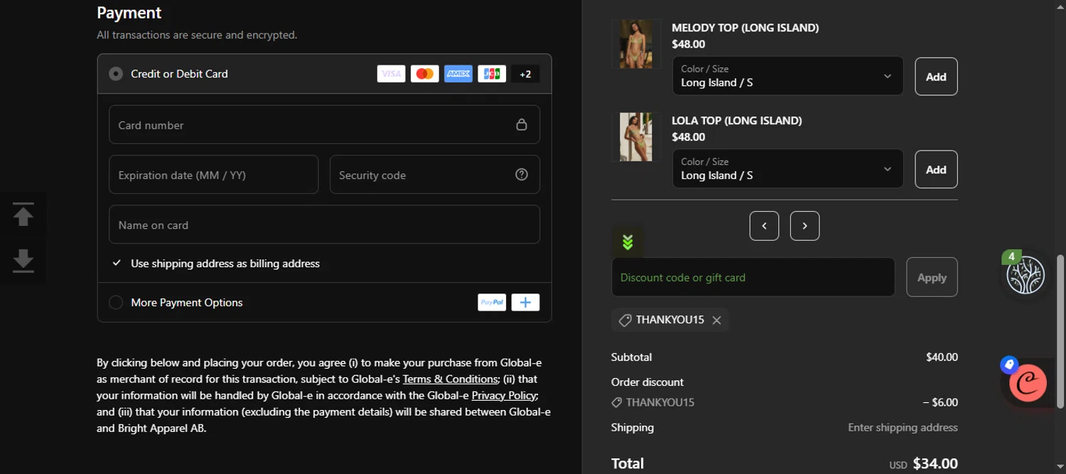 Bright Swimwear discount code screenshot showing code THANKYOU15 applied at Bright Swimwear checkout page. Uploaded by SimplyCodes community member 111111 on Apr 21, 2025