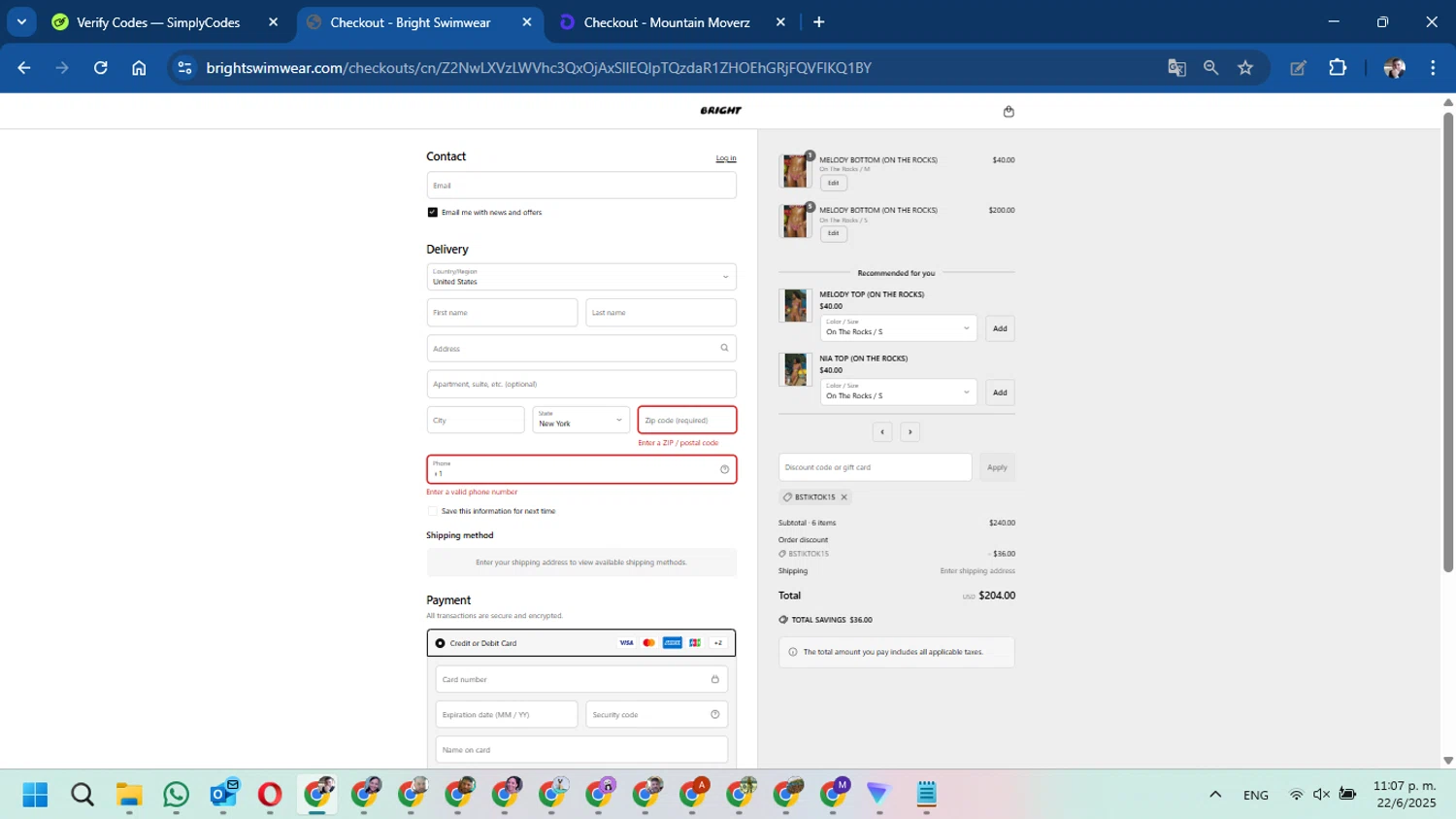 Bright Swimwear discount code screenshot showing code BSTIKTOK15 applied at Bright Swimwear checkout page. Uploaded by SimplyCodes community member DavidMGF on Jun 23, 2025