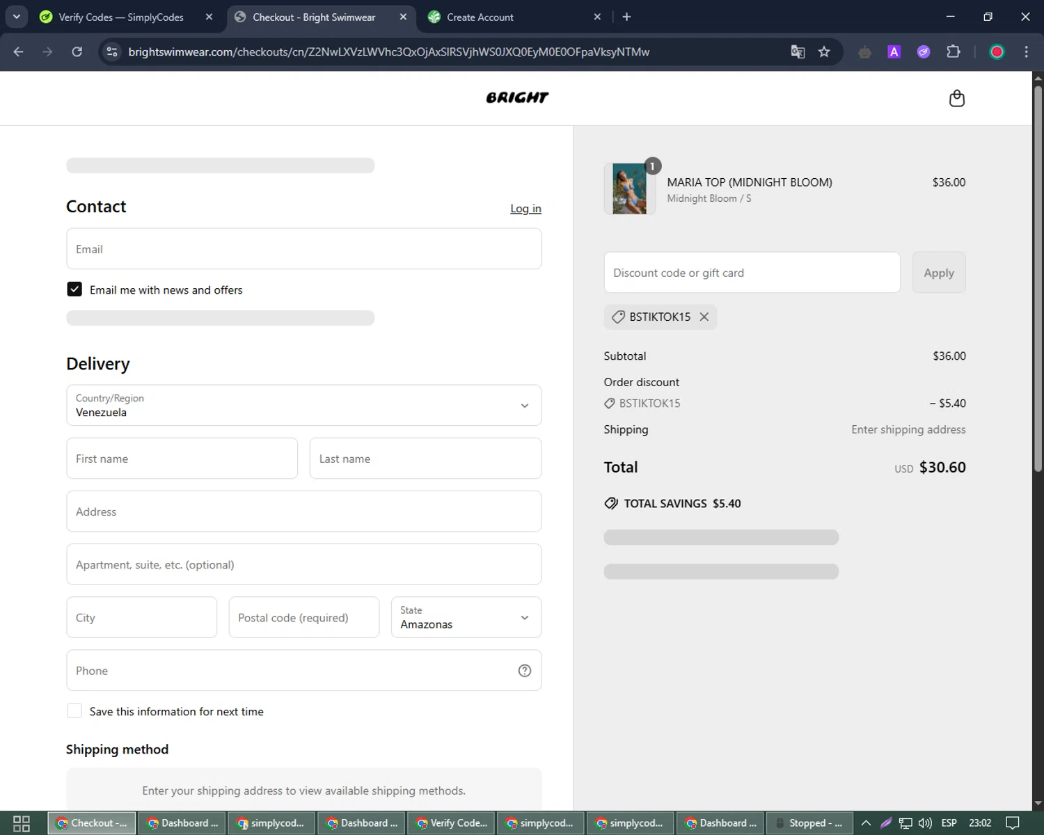 Bright Swimwear discount code screenshot showing code BSTIKTOK15 applied at Bright Swimwear checkout page. Uploaded by SimplyCodes community member Joseph_Davis on May 8, 2025